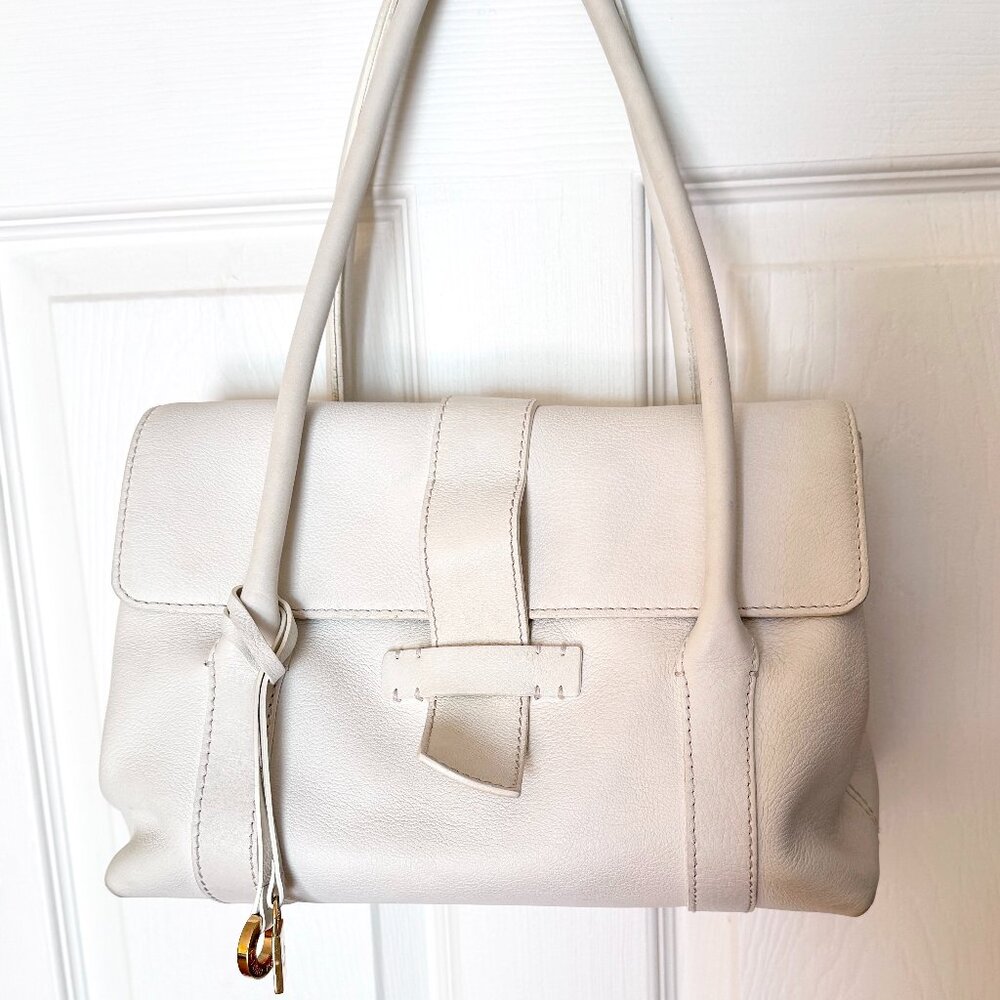 LORO PIANA Chic White Leather Shoulder Bag Medium Size Made In Italy Great Cond